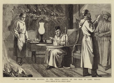 El Príncipe de Gales cazando en el Terai, llegada del correo en el campamento, Nepal de Theodore Blake Wirgman